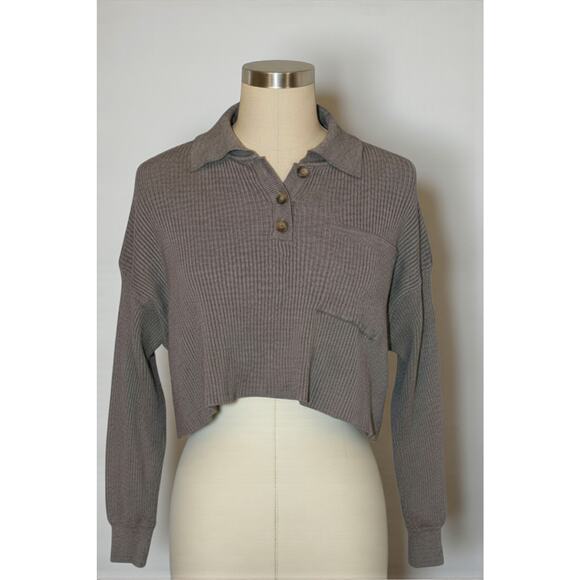 Le Lis Sweaters - Le Lis Taupe Ribbed Knit Cropped Henley Sweater Collared Long Sleeve Women M